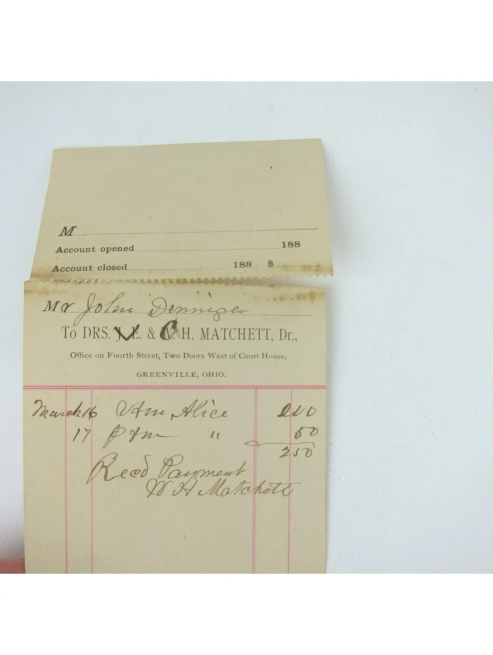 Payment Receipt Dr. W.H. Matchett Greenville Ohio John Dininger Antique 1880s
